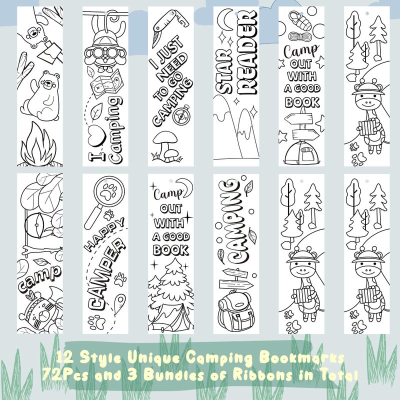 ANGOLIO 75Pcs Camping Color Your Own Bookmarks Kids DIY Coloring Blank Bookmarks Camping Party Game Prize Art Craft Supplies Birthday Goodie Bag Fillers Back to School Classroom Reading Club Rewards - Image 3